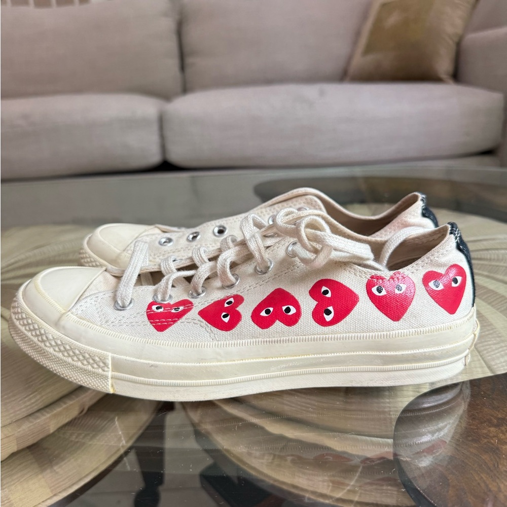 Converse Cream Canvas Low Top Sneakers with Red Heart Accent